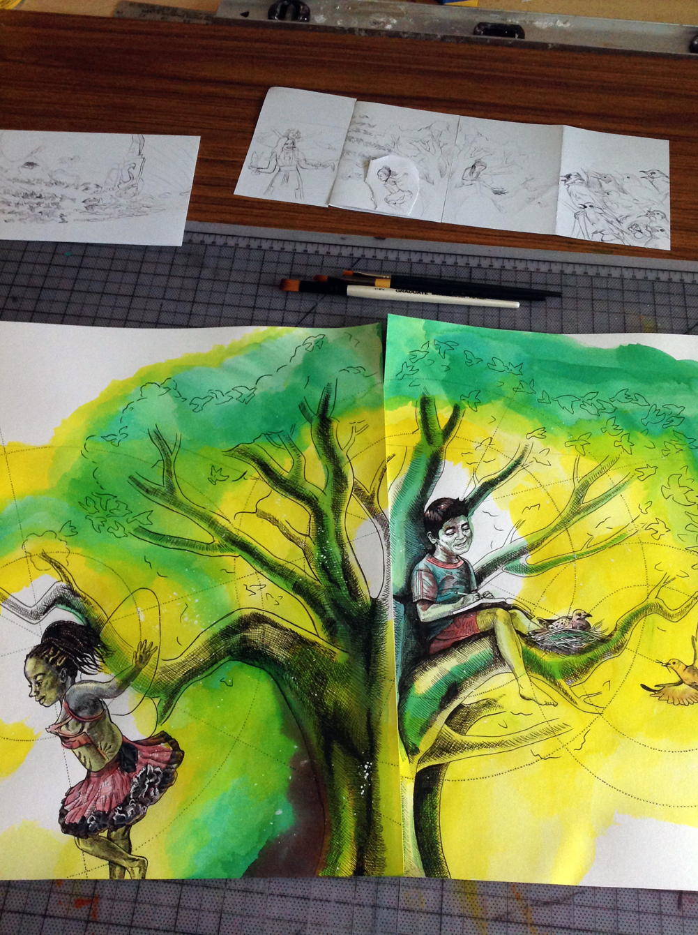Close-Up of Tree and Kids Painting for Mural Art