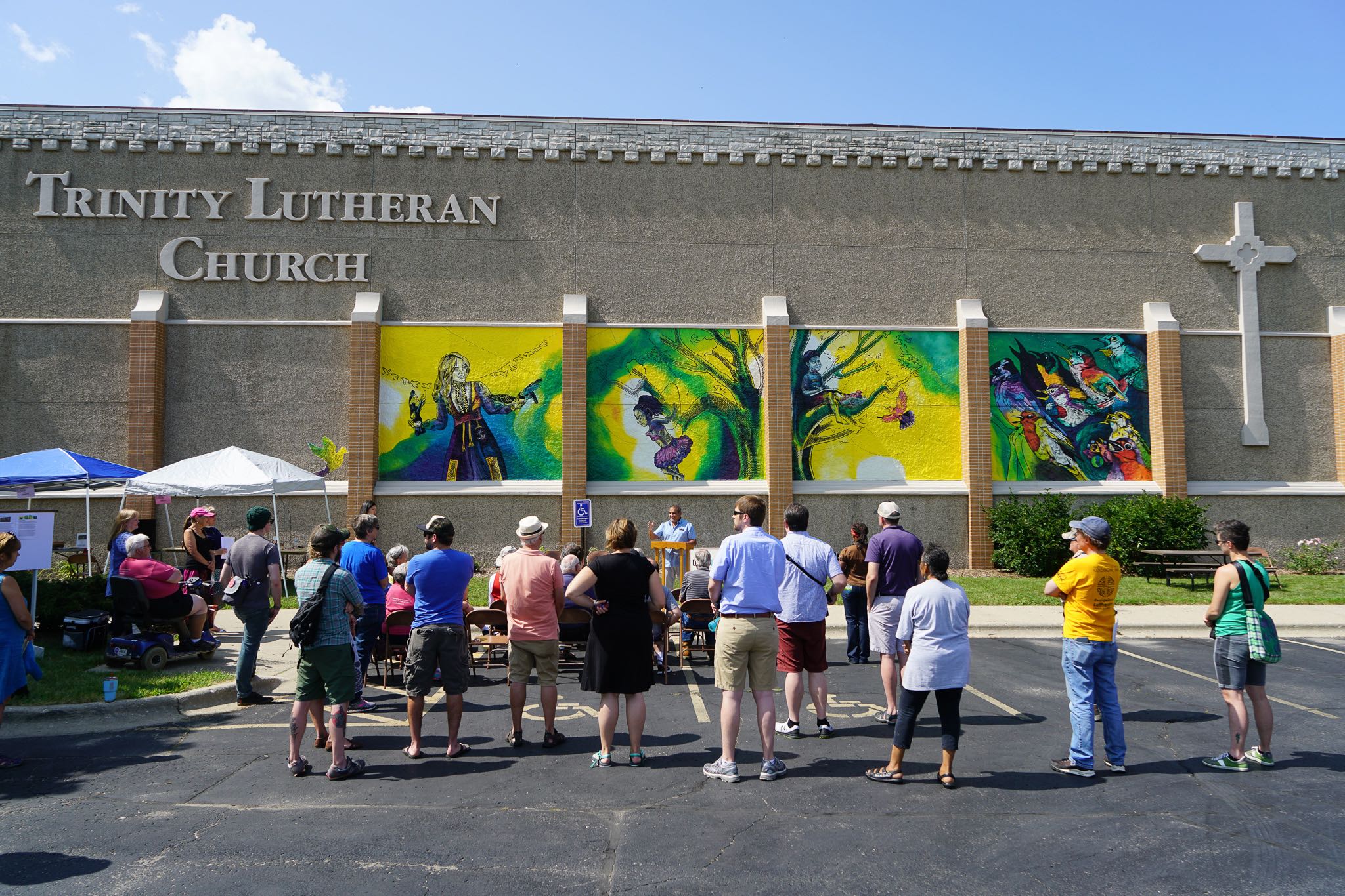 Giant Mural at Lutheran Church with Crowd