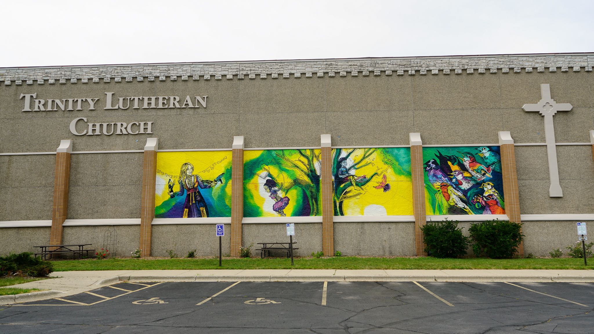 Giant Mural at Lutheran Church with Birds