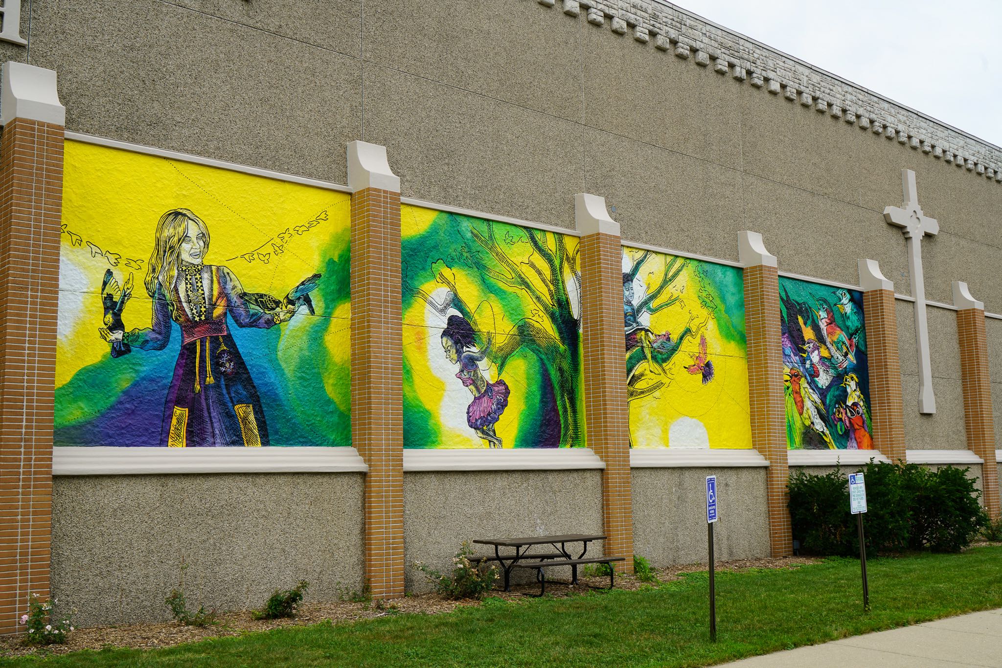 Giant Mural at Lutheran Church with Birds
